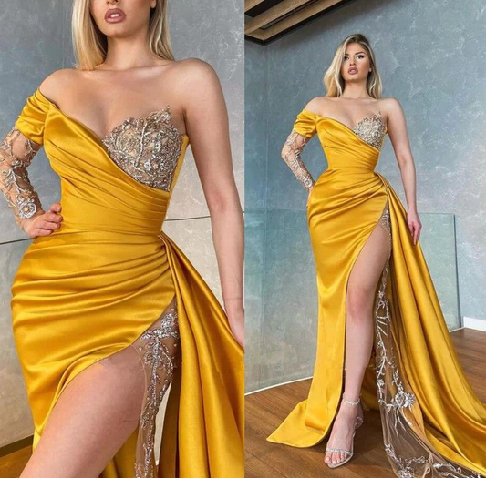 Vestido de fiesta amarillo de manga larga con escote sirena y lentejuelas fg722
