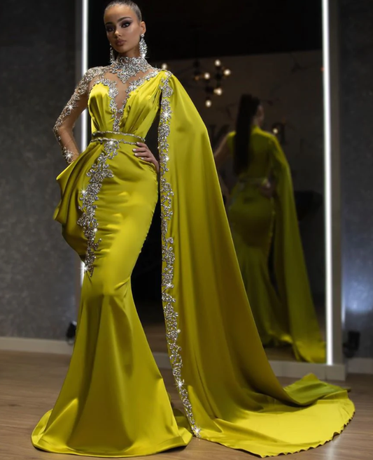 ELEGANTE VESTIDO DE NOCHE DE SIRENA CON MANGA DE CAPA Y CRISTAL fg725