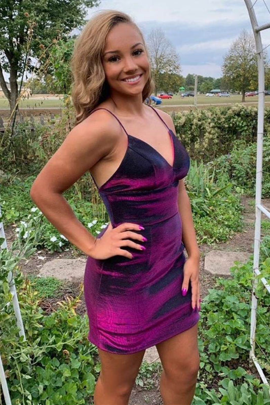 Vestido de fiesta ajustado morado con tirantes finos fg749