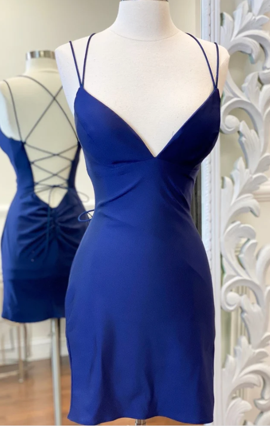 Vestidos de fiesta sencillos de color azul real, cortos y sin espalda, fg751