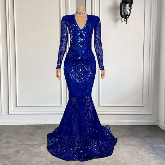 Vestidos de fiesta azul real, vestidos de fiesta de encaje, vestidos de fiesta de sirena, vestidos de fiesta de manga larga fg786