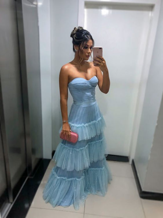 Vestidos de fiesta azules, vestidos de fiesta de tul, vestidos de fiesta de escote corazón fg806