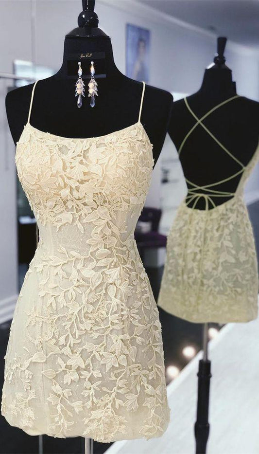 vestidos de fiesta ajustados de encaje amarillo, vestido de fiesta corto amarillo con cordones en la espalda fg822