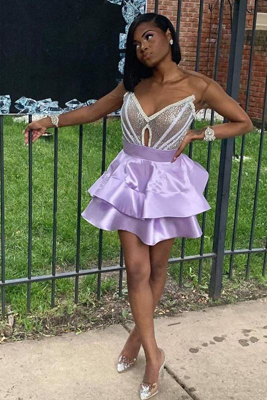 Vestido de fiesta corto por encima de la rodilla con escote en V, sin tirantes, de satén y lentejuelas, color morado, fg829