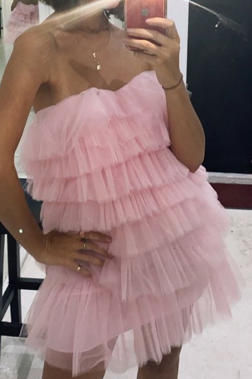 Vestido de fiesta de tul rosa con capas, vestido de fiesta corto sin tirantes estilo princesa fg838