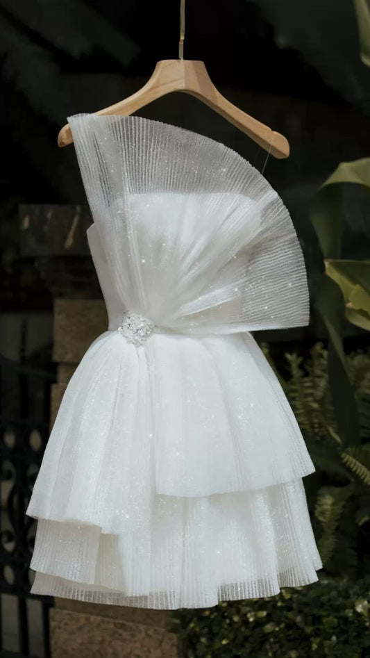 Vestido de fiesta blanco, vestido de fiesta corto sin tirantes estilo princesa fg840
