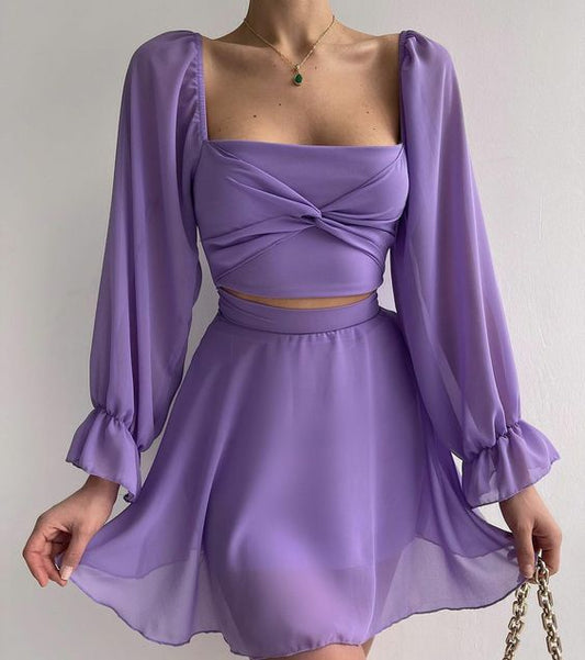 Vestido de fiesta corto de manga larga morado Vestidos de bienvenida fg870