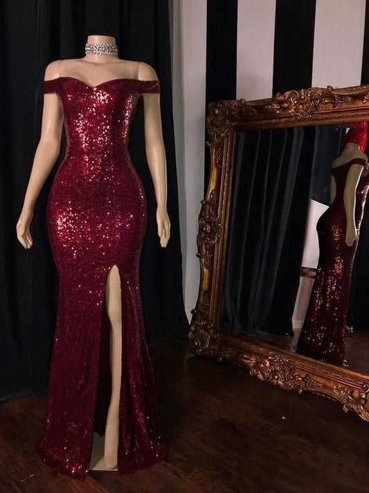 Impresionantes vestidos de fiesta color burdeos, vestido largo con hombros descubiertos y abertura alta sexy fg914