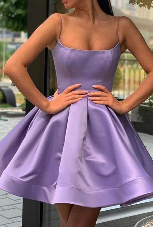 Vestido de fiesta corto de satén morado, vestido de regreso a casa fg952
