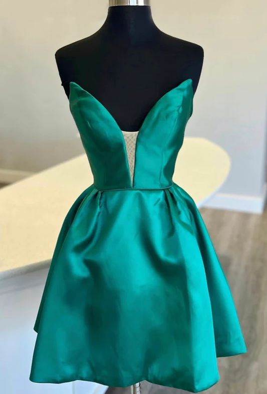Vestido de fiesta corto de satén verde, vestido de regreso a casa fg954