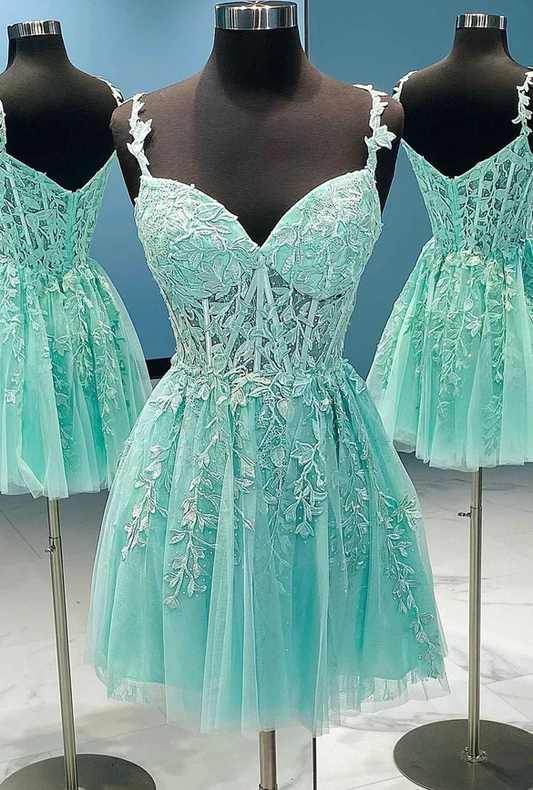 Vestido de fiesta corto de encaje de tul verde, vestido de regreso a casa fg955