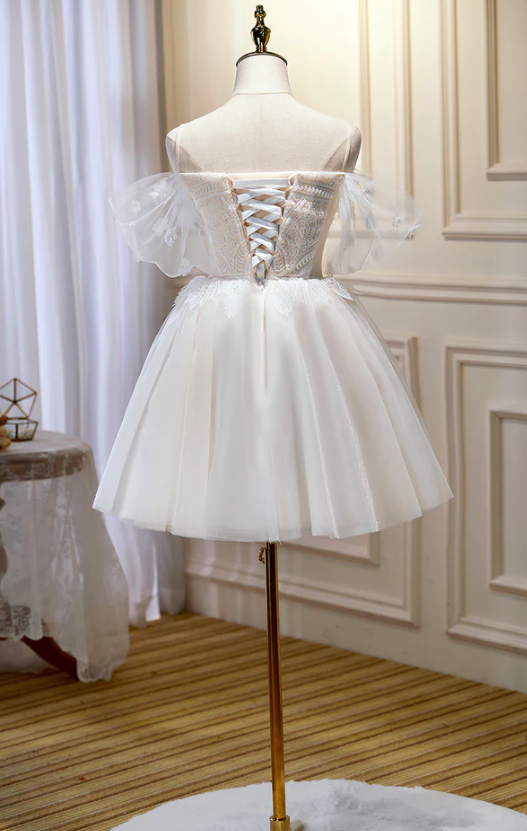Vestido de fiesta corto de encaje de tul color champán, vestido de regreso a casa fg956