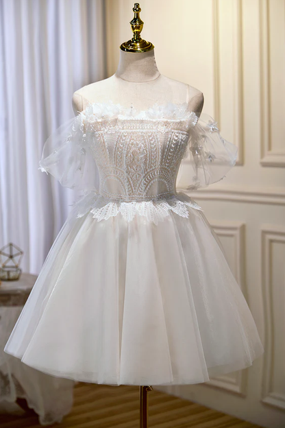Vestido de fiesta corto de encaje de tul color champán, vestido de regreso a casa fg956