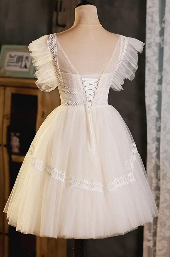 Vestido de fiesta corto de encaje color champán, vestido de regreso a casa fg961