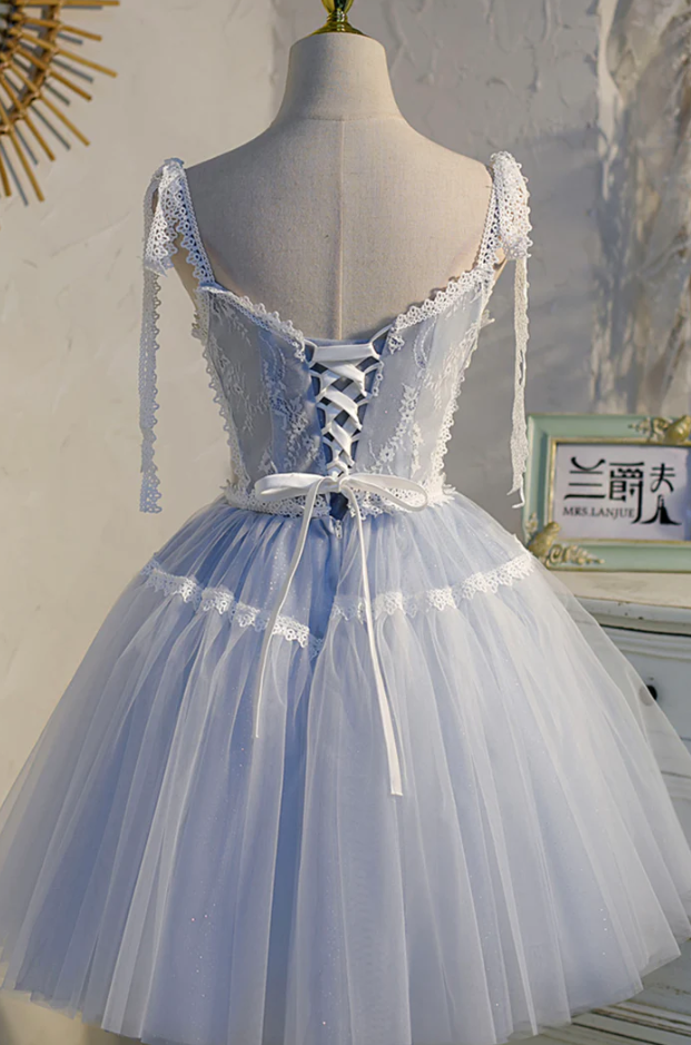 Vestido de fiesta corto de encaje azul, vestido de regreso a casa fg962