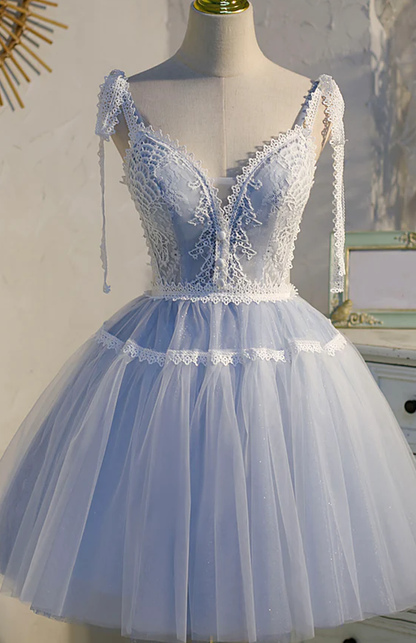 Vestido de fiesta corto de encaje azul, vestido de regreso a casa fg962