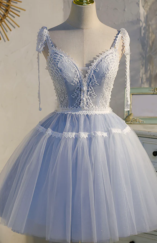 Vestido de fiesta corto de encaje azul, vestido de regreso a casa fg962