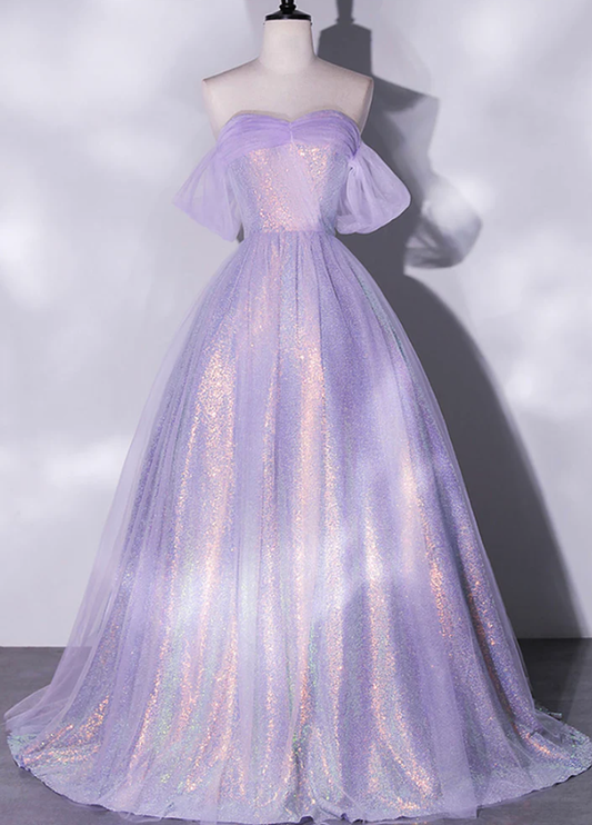 Vestido de fiesta largo morado con lentejuelas de tul brillante, vestido de noche de corte A fg966
