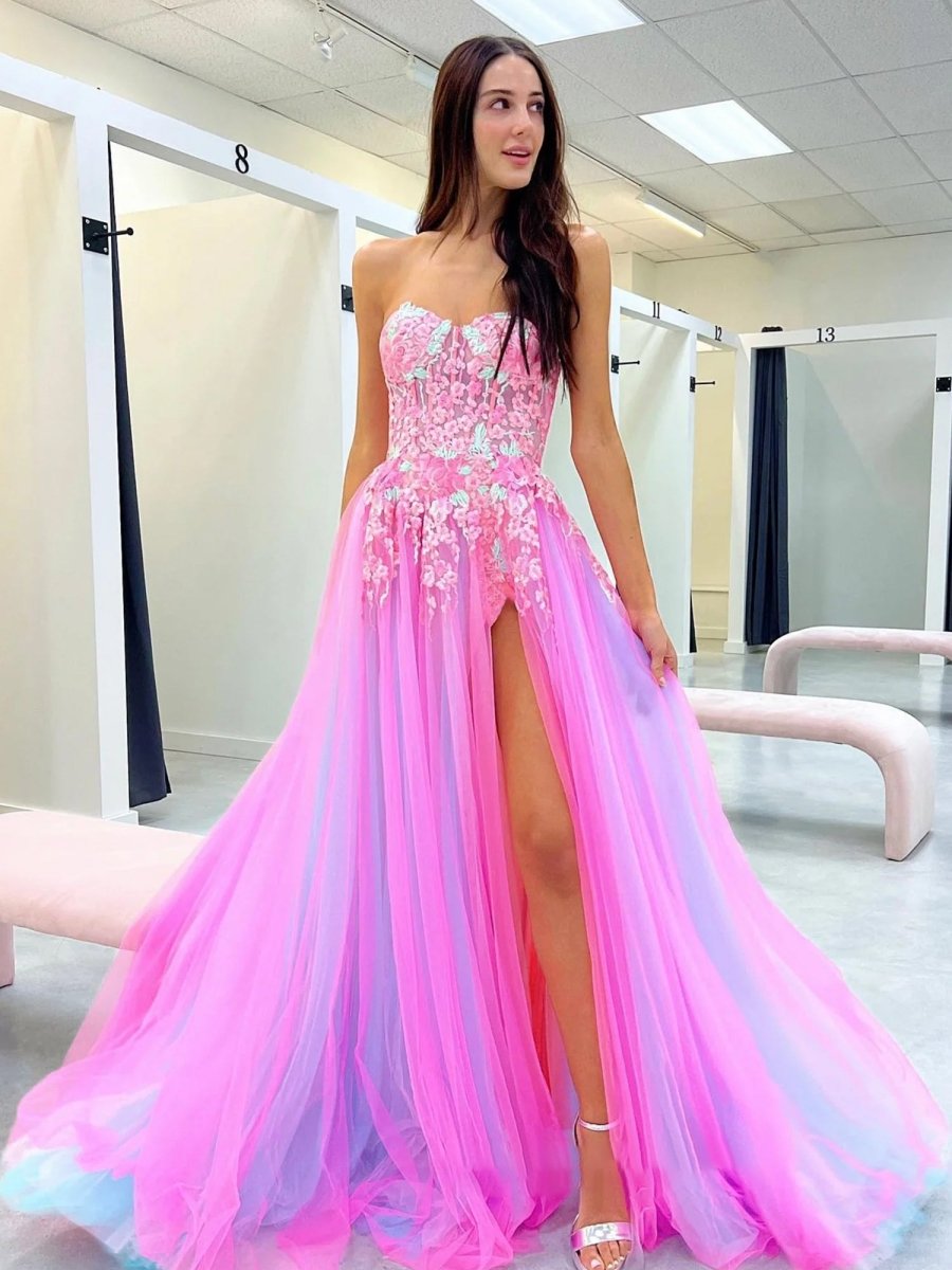 Georgia | Vestido de fiesta largo de encaje con escote en forma de corazón y abertura