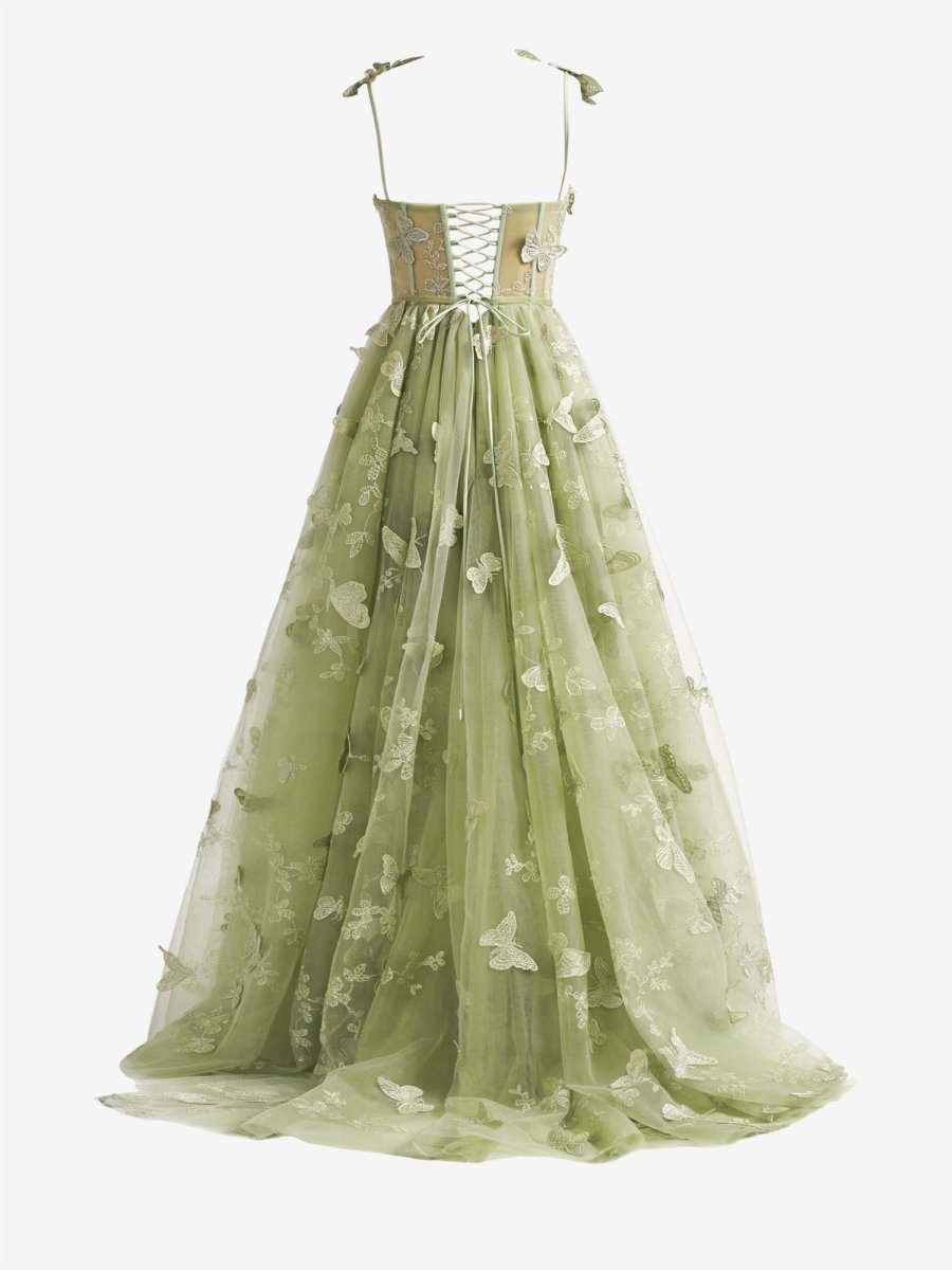 Vestido de fiesta con escote en A, encaje de mariposa, color lila y corsé verde