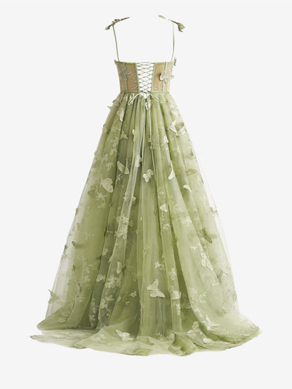 Vestido de fiesta con escote en A, encaje de mariposa, color lila y corsé verde