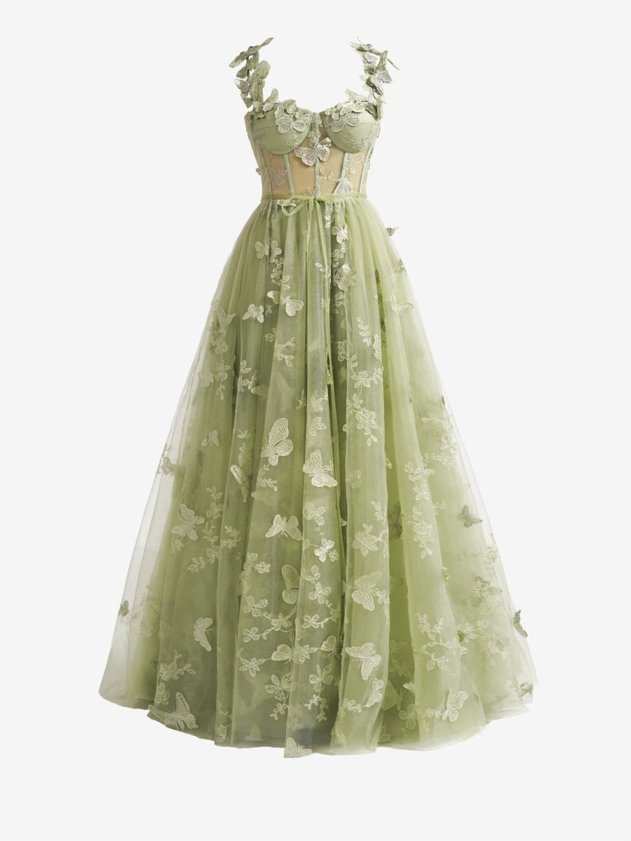 Vestido de fiesta con escote en A, encaje de mariposa, color lila y corsé verde