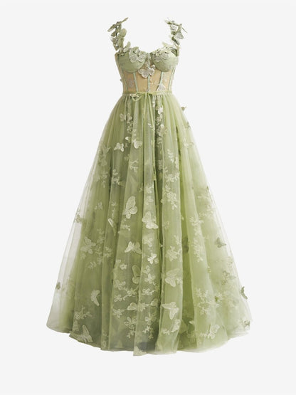 Vestido de fiesta con escote en A, encaje de mariposa, color lila y corsé verde