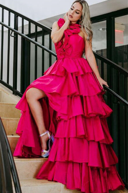 Flora | Vestido de fiesta rojo con escote halter, volantes y corte en A