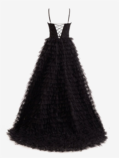 Jordan | Vestido de fiesta largo de tul con lentejuelas y corte en A