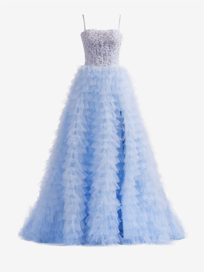 Jordan | Vestido de fiesta largo de tul con lentejuelas y corte en A