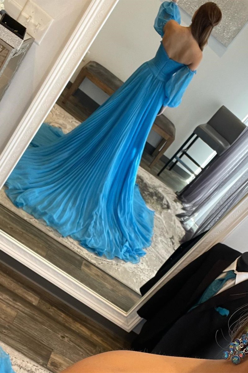Ana | Vestido de fiesta sin tirantes, corte A y mangas con pedrería en color verde cazador