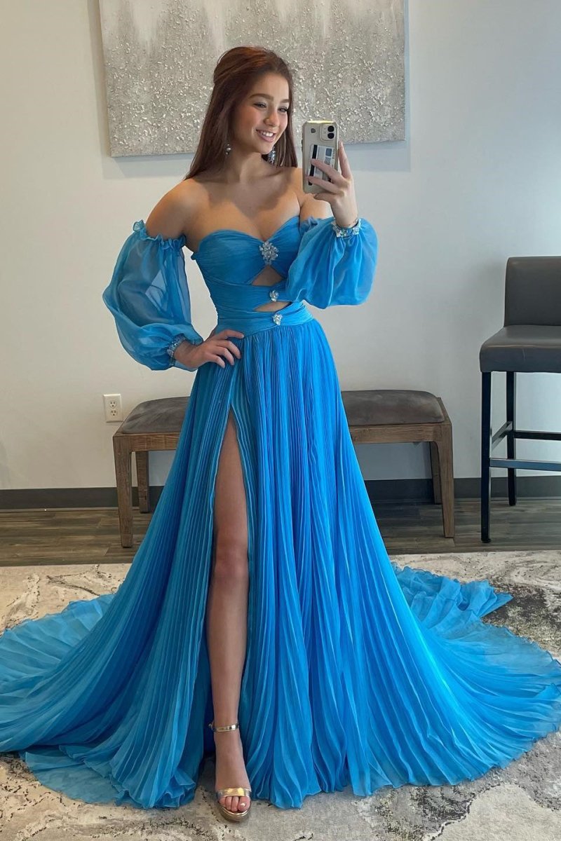 Ana | Vestido de fiesta sin tirantes, corte A y mangas con pedrería en color verde cazador