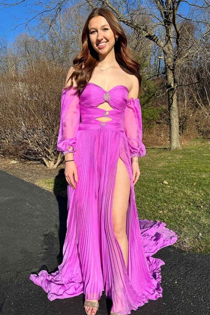 Ana | Vestido de fiesta sin tirantes, corte A y mangas con pedrería en color verde cazador
