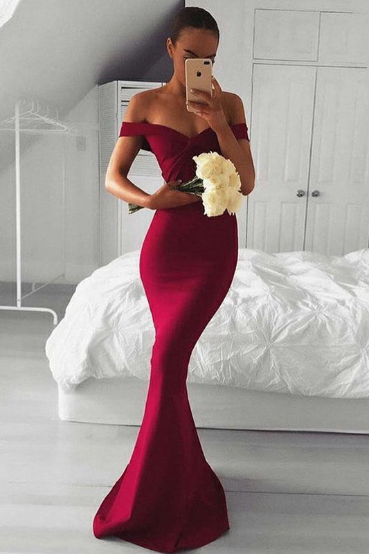 Mermaid Off-the-Shoulder Sweep Train Burgundy Long Prom Dress PG792