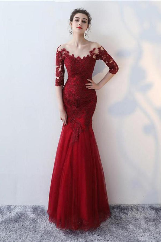 Mermaid Half Sleeve Burgundy Long Prom Dress Evening Gowns PSK068