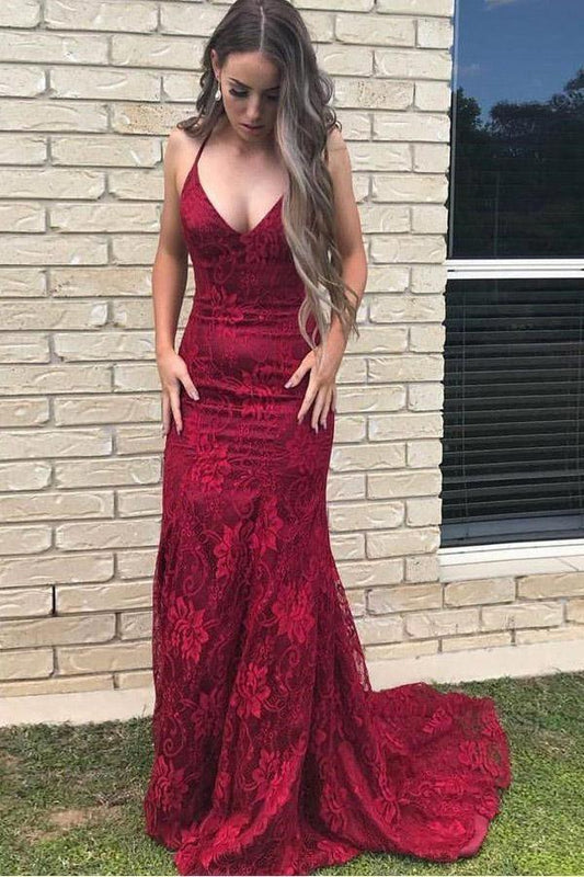 Mermaid Spaghetti Straps Lace Backless Burgundy Prom Dress PG470