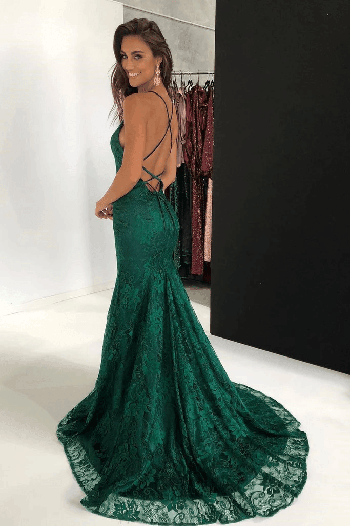 Mermaid Spaghetti Straps Lace Backless Burgundy Prom Dress PG470