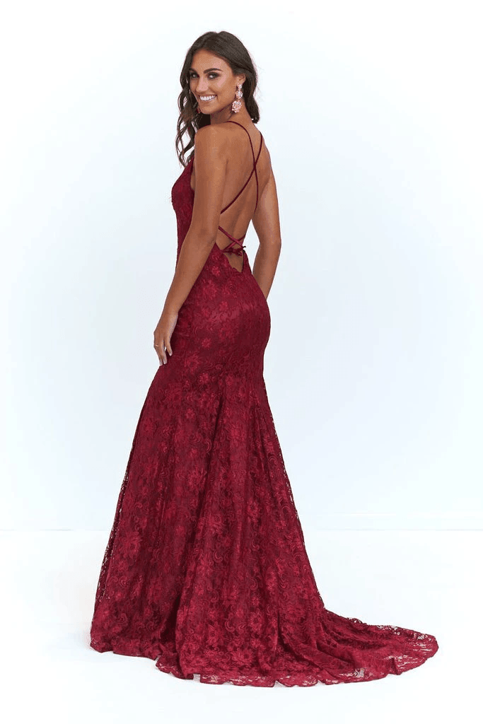 Mermaid Spaghetti Straps Lace Backless Burgundy Prom Dress PG470