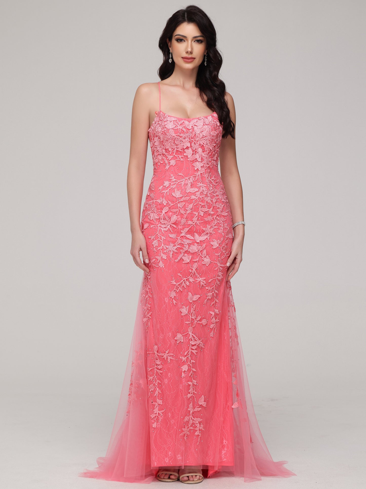 Mermaid Spaghetti Straps Lace Appliques Tulle Prom Dress with Beads