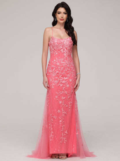 Mermaid Spaghetti Straps Lace Appliques Tulle Prom Dress with Beads