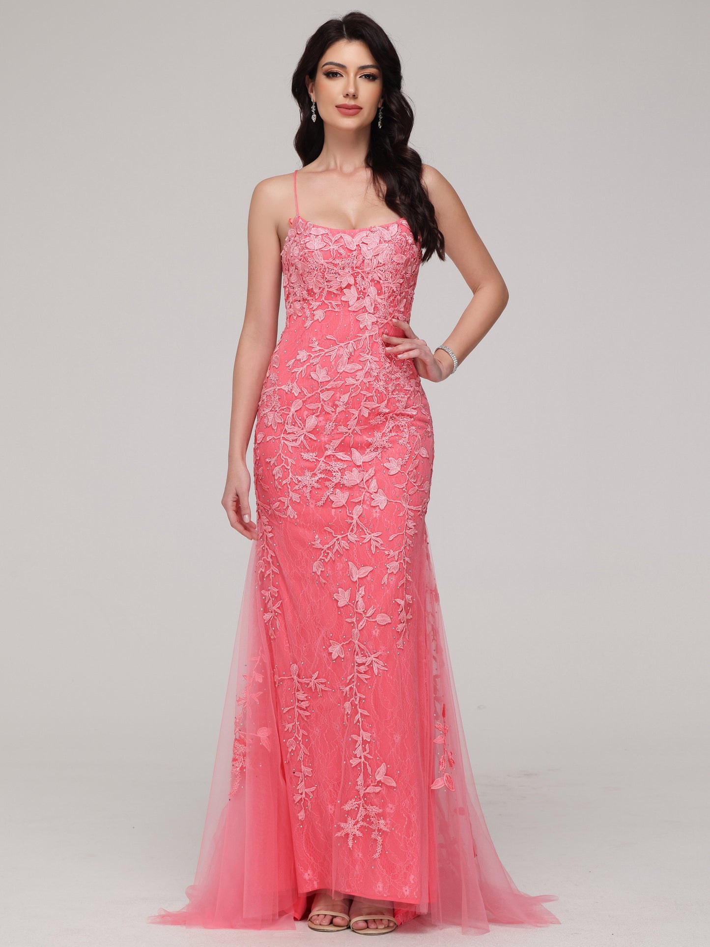 Mermaid Spaghetti Straps Lace Appliques Tulle Prom Dress with Beads