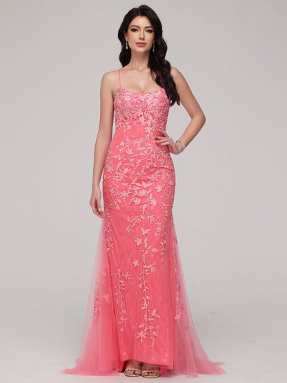 Mermaid Spaghetti Straps Lace Appliques Tulle Prom Dress with Beads