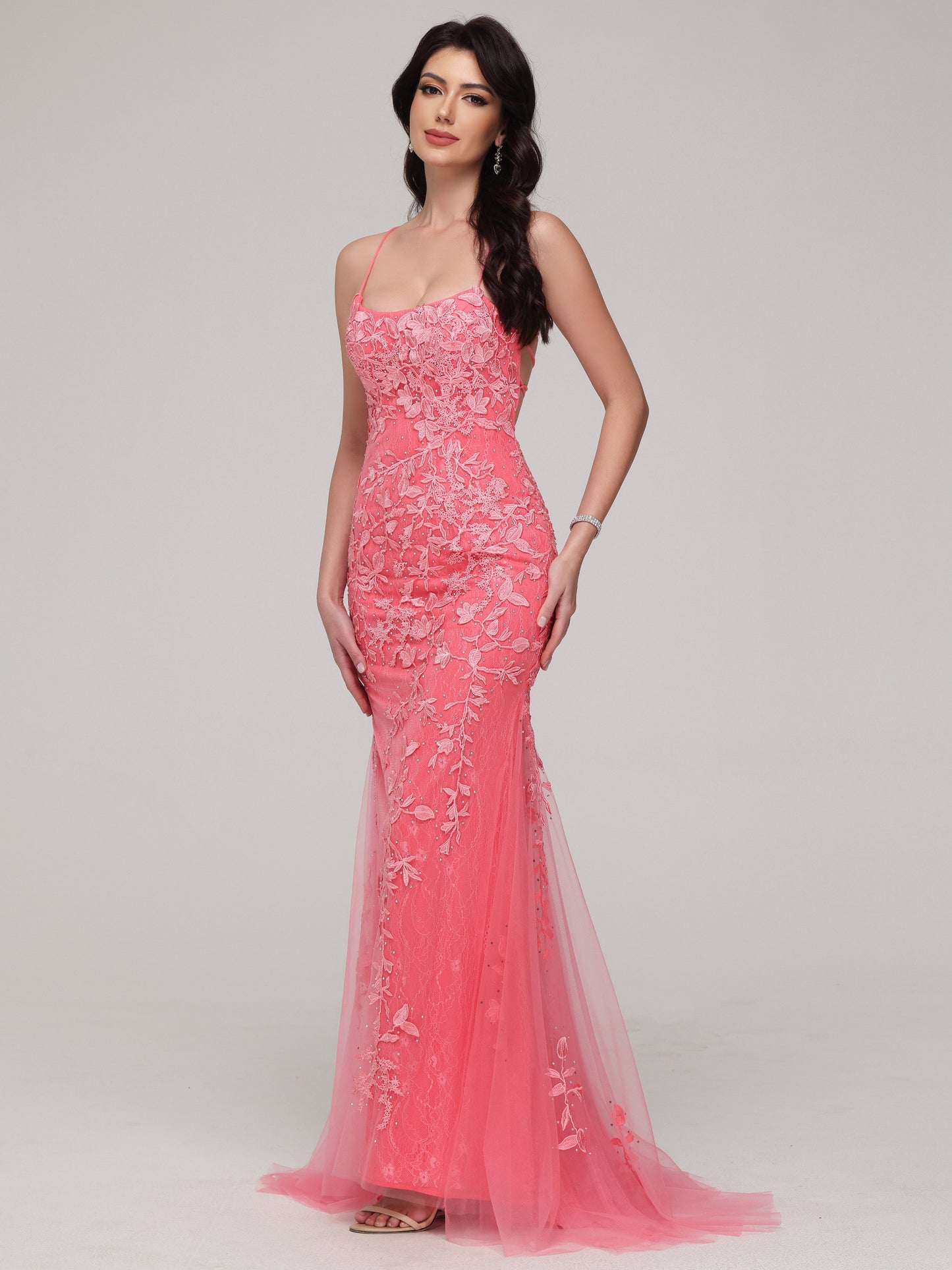 Mermaid Spaghetti Straps Lace Appliques Tulle Prom Dress with Beads