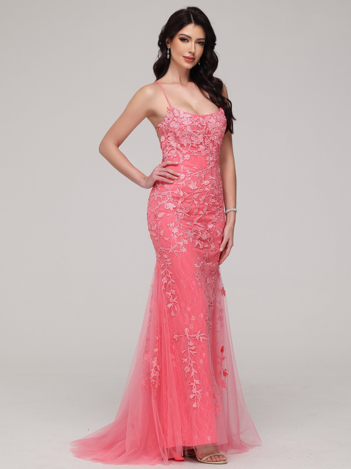 Mermaid Spaghetti Straps Lace Appliques Tulle Prom Dress with Beads