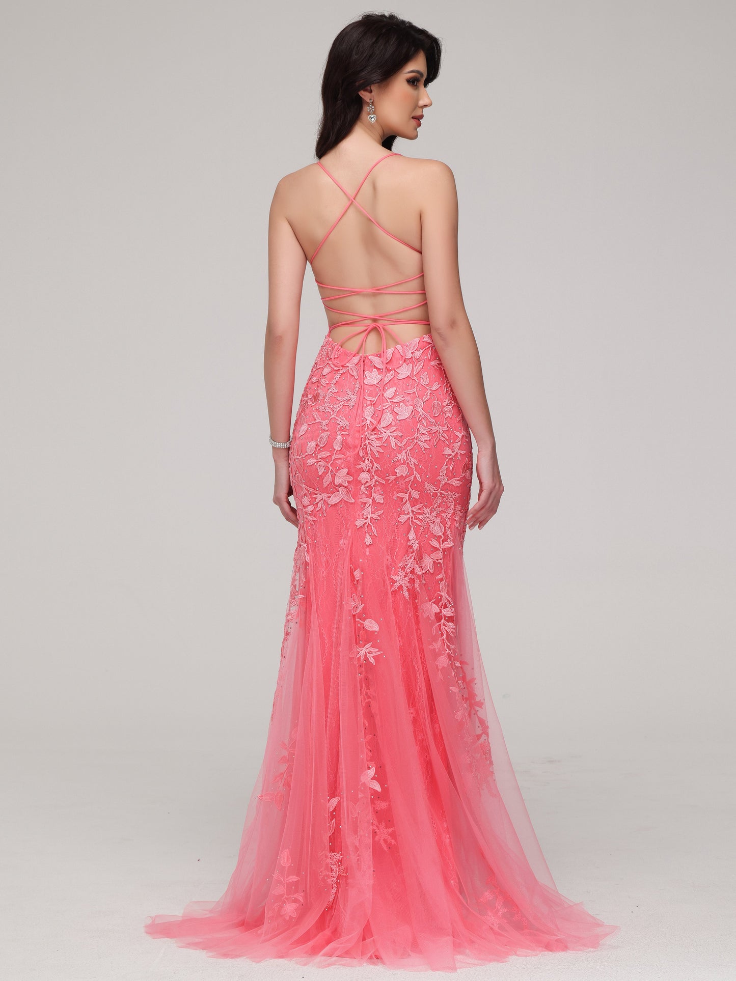 Mermaid Spaghetti Straps Lace Appliques Tulle Prom Dress with Beads