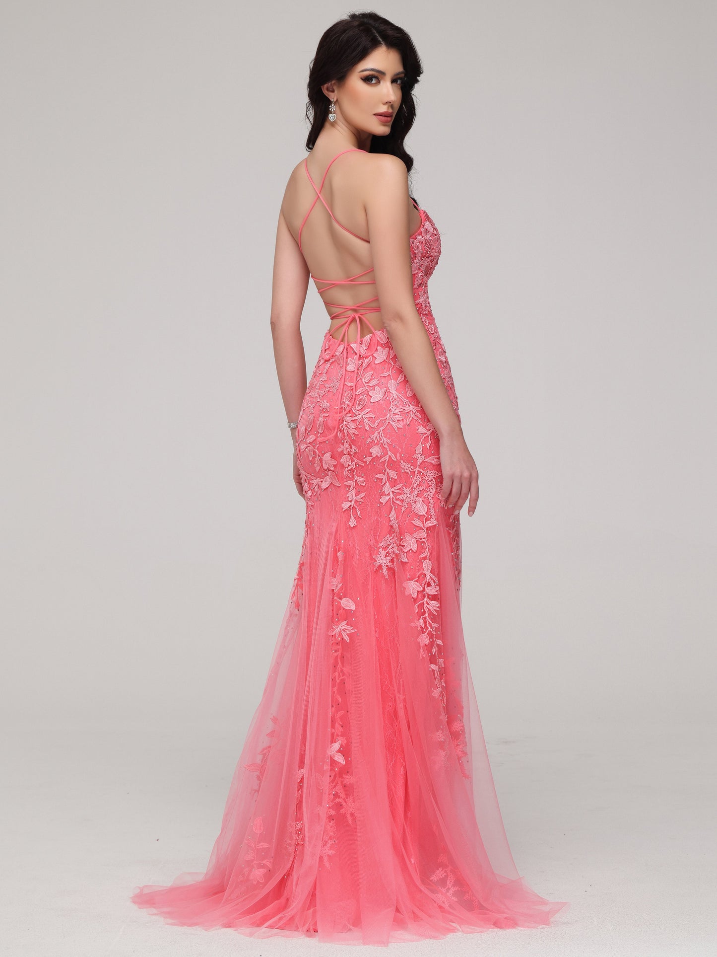 Mermaid Spaghetti Straps Lace Appliques Tulle Prom Dress with Beads