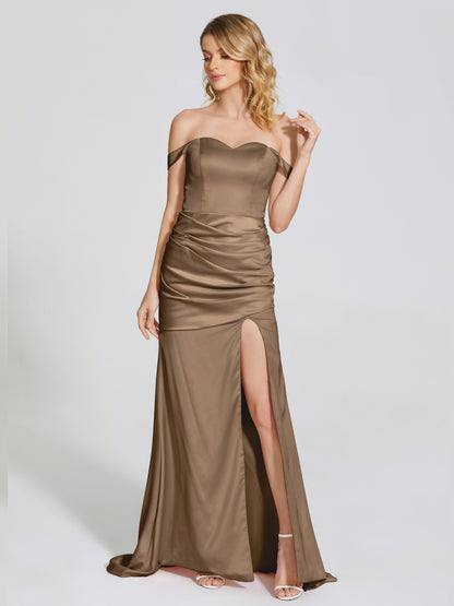 Vestido de fiesta de satén suave con abertura lateral y hombros descubiertos con escote en V