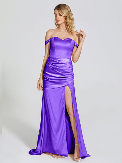 Vestido de fiesta de satén suave con abertura lateral y hombros descubiertos con escote en V
