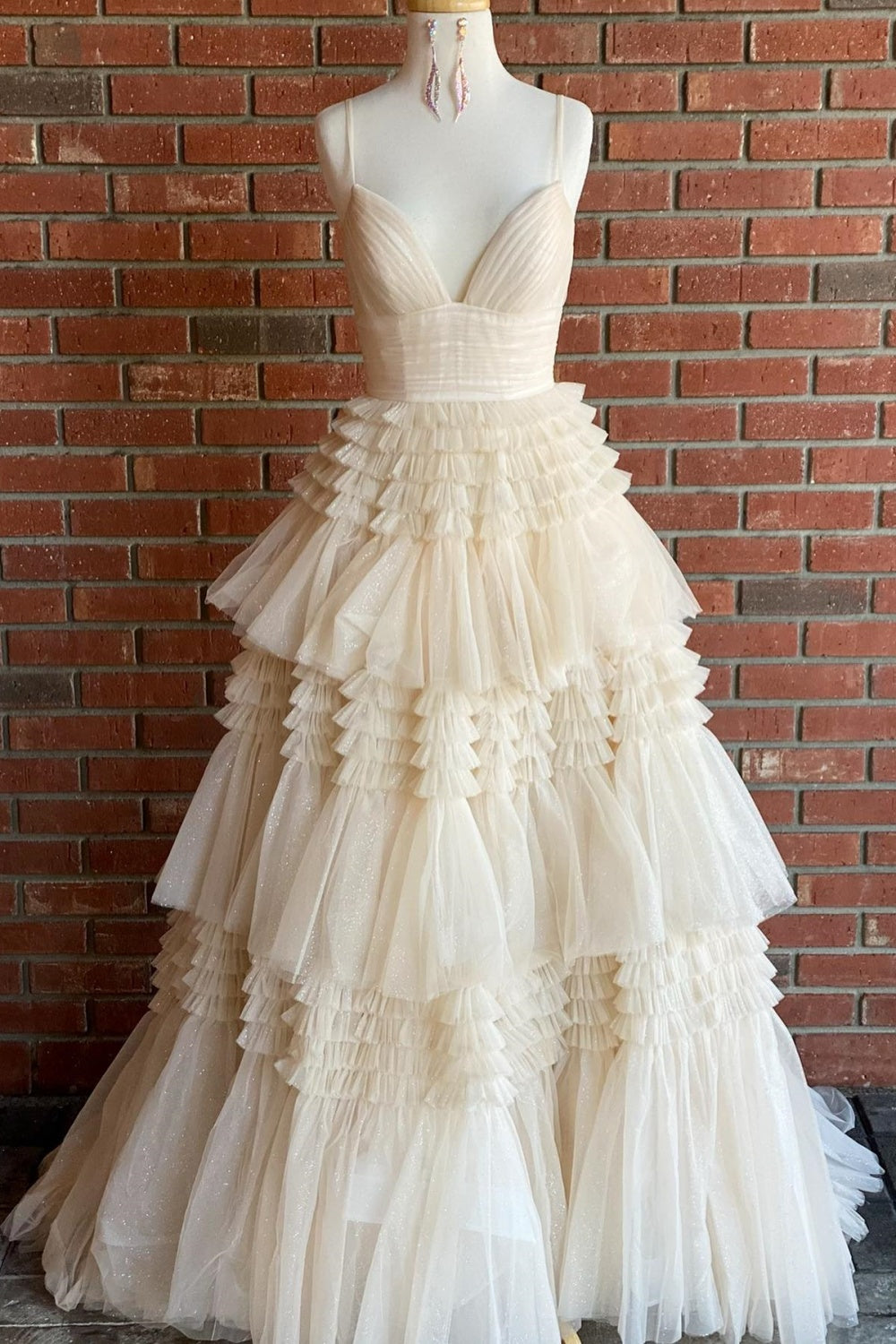 V-neck Pink Tulle Tiered Long Formal Dress