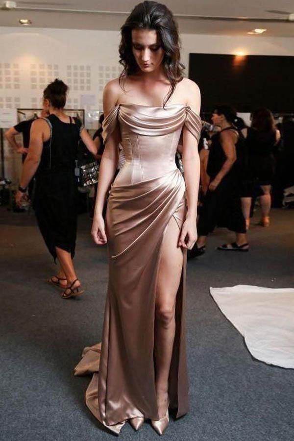 Sheath Off-the-Shoulder Gold Sweep Train Prom Dress with Split PG809